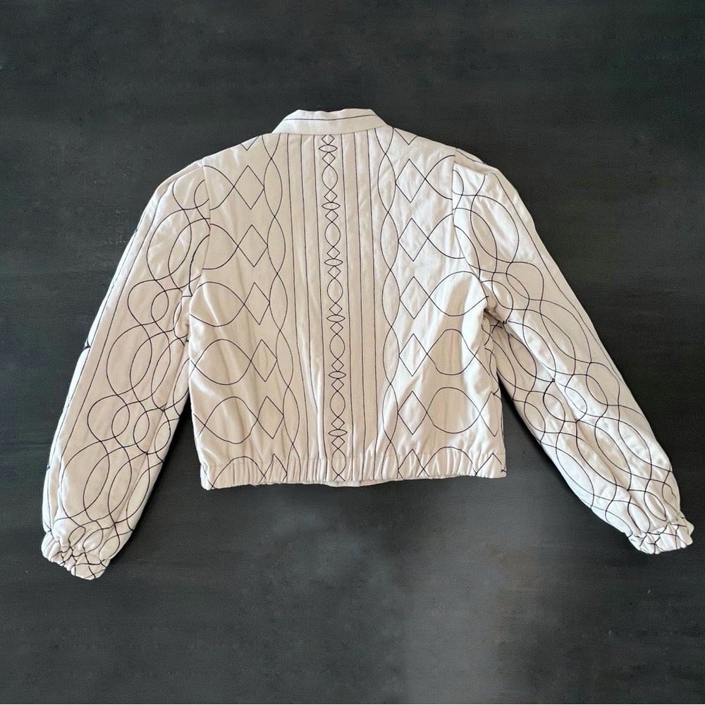 New blue b Cream Navy Blue Gray Quilted Cropped Button Down Bomber Jacket Coat S - Picture 6 of 7